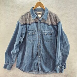 Wrangler Denim Western Pearl Snap Shirt Mens Medium Long Sleeve Paisley Cowboy‎